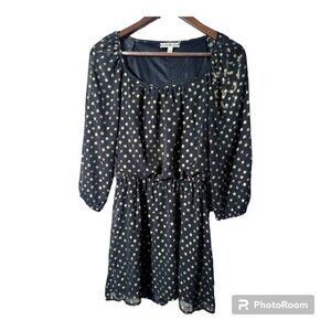 Accidently in Love Black with Gold Polka Dots 3/4 sleeve Dress Womens Sz Med